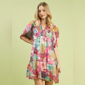 💗 Umgee Mix Watercolor Floral Babydoll Dress - Pink